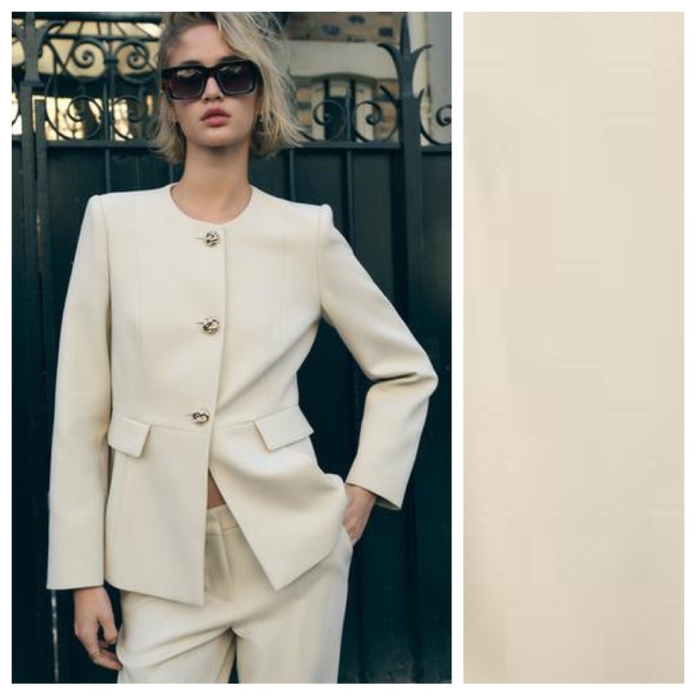 NWT. Zara Ecru Viscose Blend Tailored Flap Blazer. Size XS.